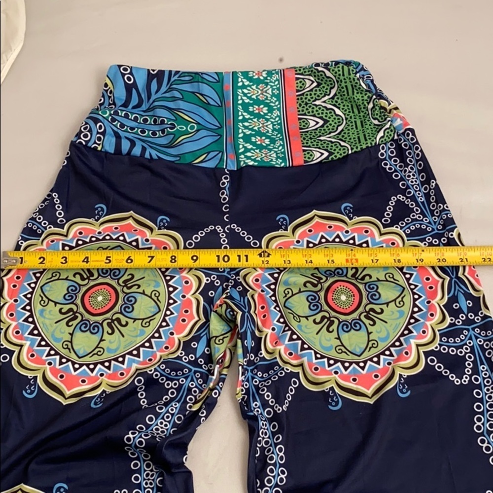Multicolor navy blue pattern stretch palazzo pants L - Picture 9 of 10